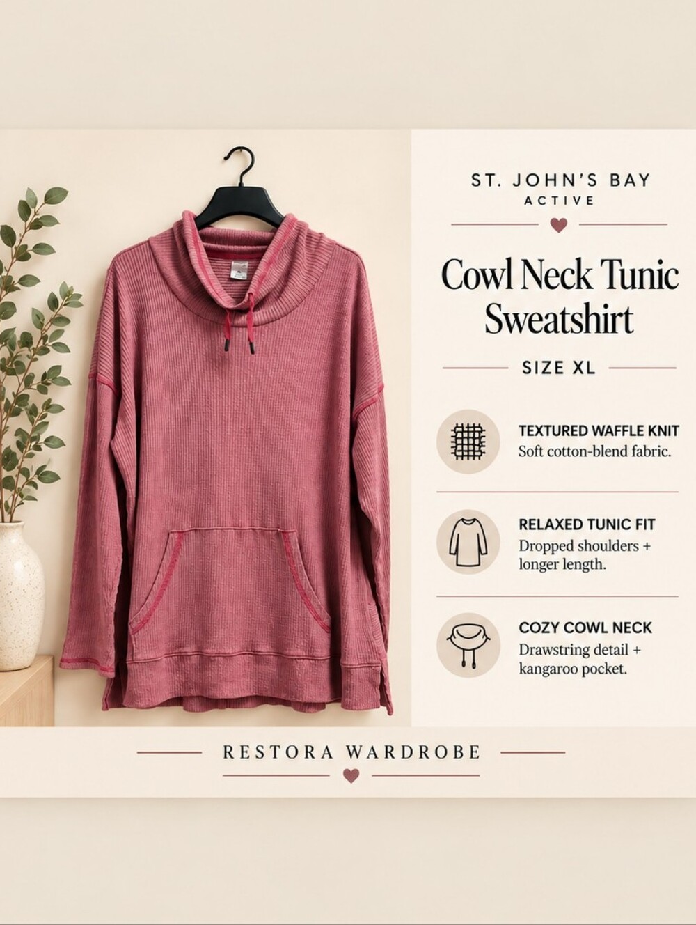 St. John’s Bay Cowl Neck Tunic Sweatshirt Mauve Waffle Knit XL Cozy